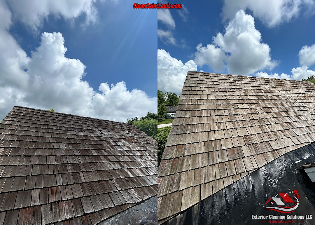 Soft Wash Cedar Shake Roof Cleaning in Ladue, MO.